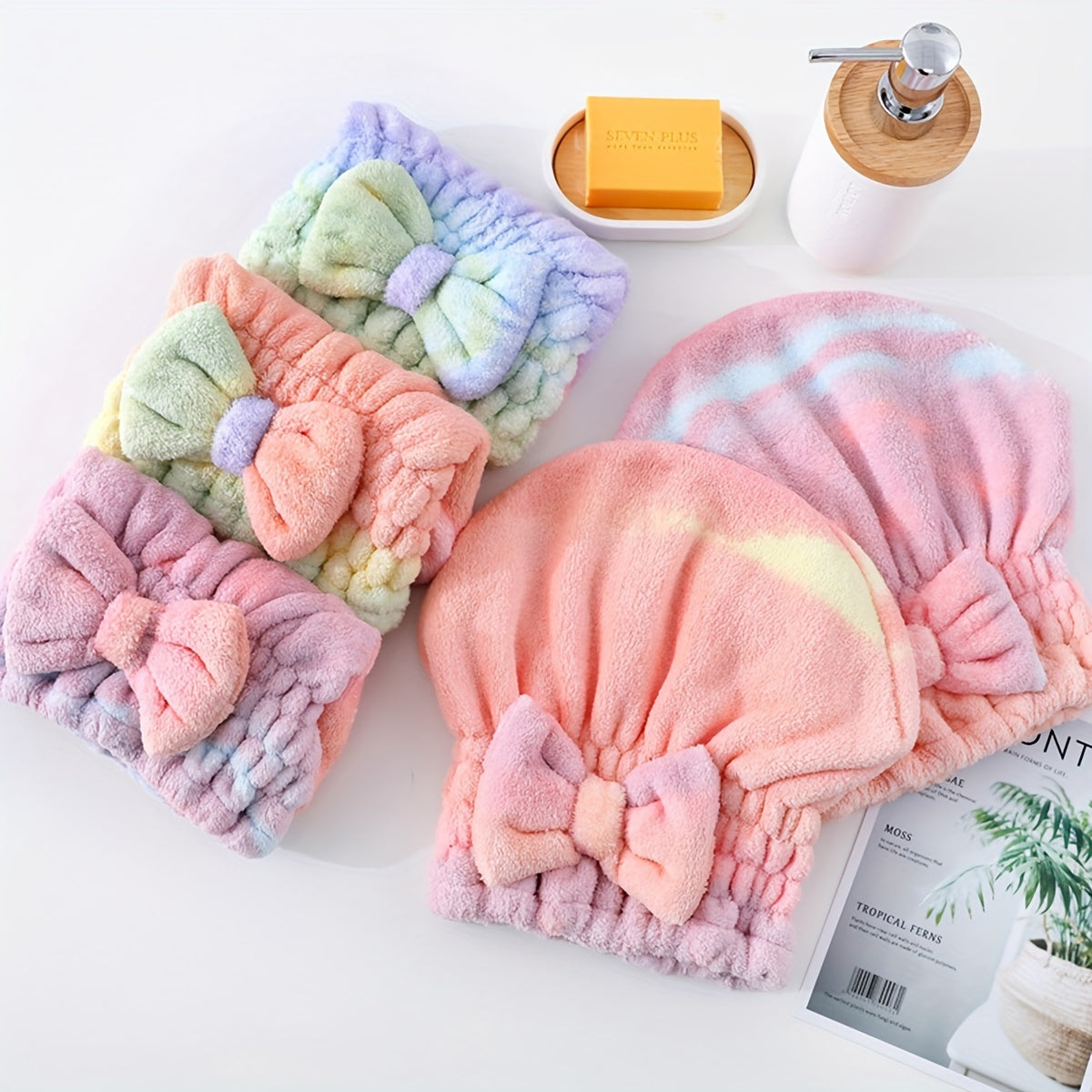 Soft coral fleece hair towel with cute bow, quick-dry, princess hat design in pastel colors, 300 GSM, hand wash only.