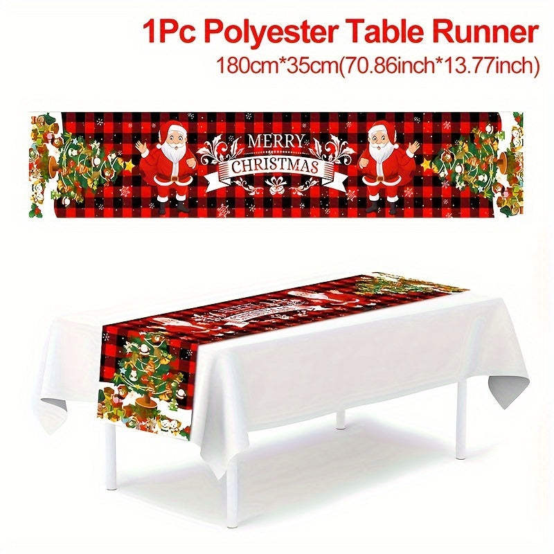 Polyester table runner featuring Santa Claus and reindeer designs, perfect for holiday gatherings and winter home decoration.