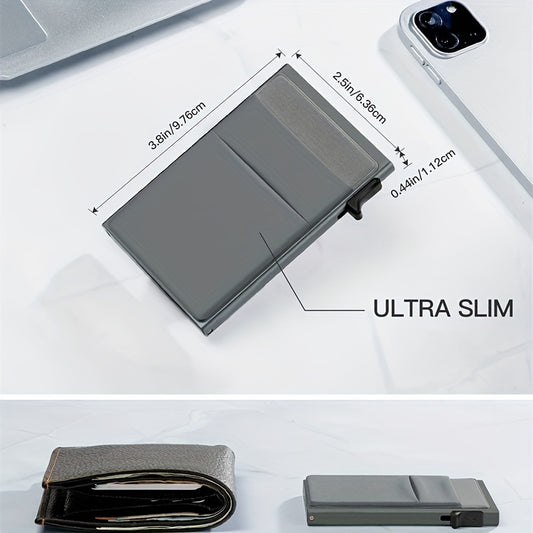 Stylish RFID-blocking aluminum wallet with automatic pop-up credit card holder in black, perfect Valentine's Day gift.