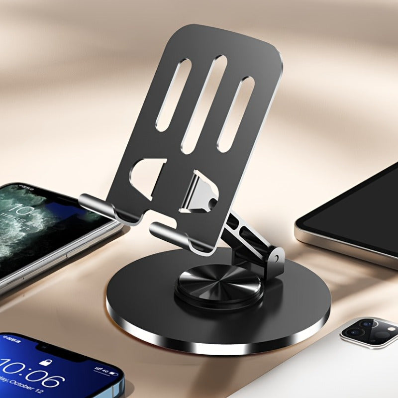 Metal phone and tablet stand that rotates 360-degrees, with adjustable height and angle, ideal for daily office use.