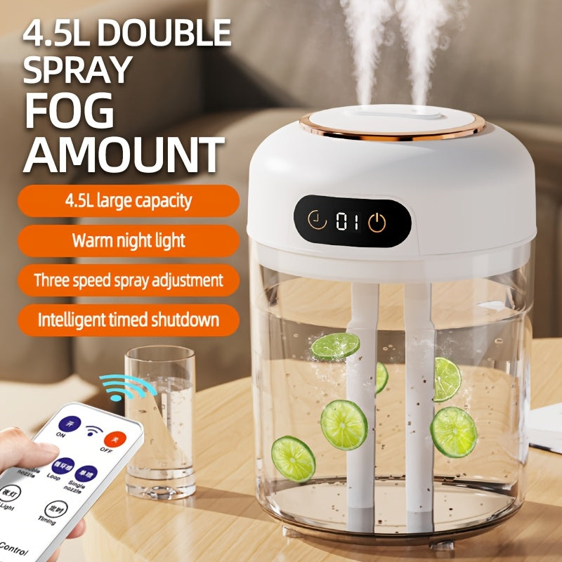 4.5L dual spray water humidifier with quiet operation and remote control via USB charging.