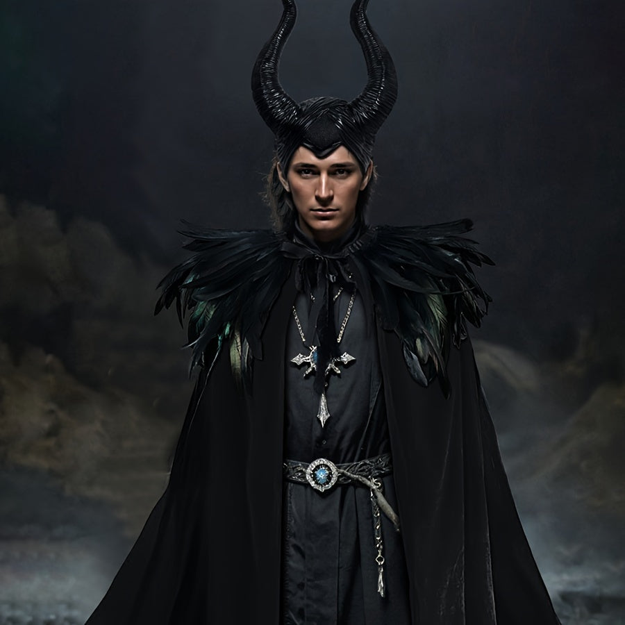 3-piece Halloween costume set includes a black velvet cape, faux feather shawl, and Maleficent horns headband for the perfect Gothic Witch outfit.