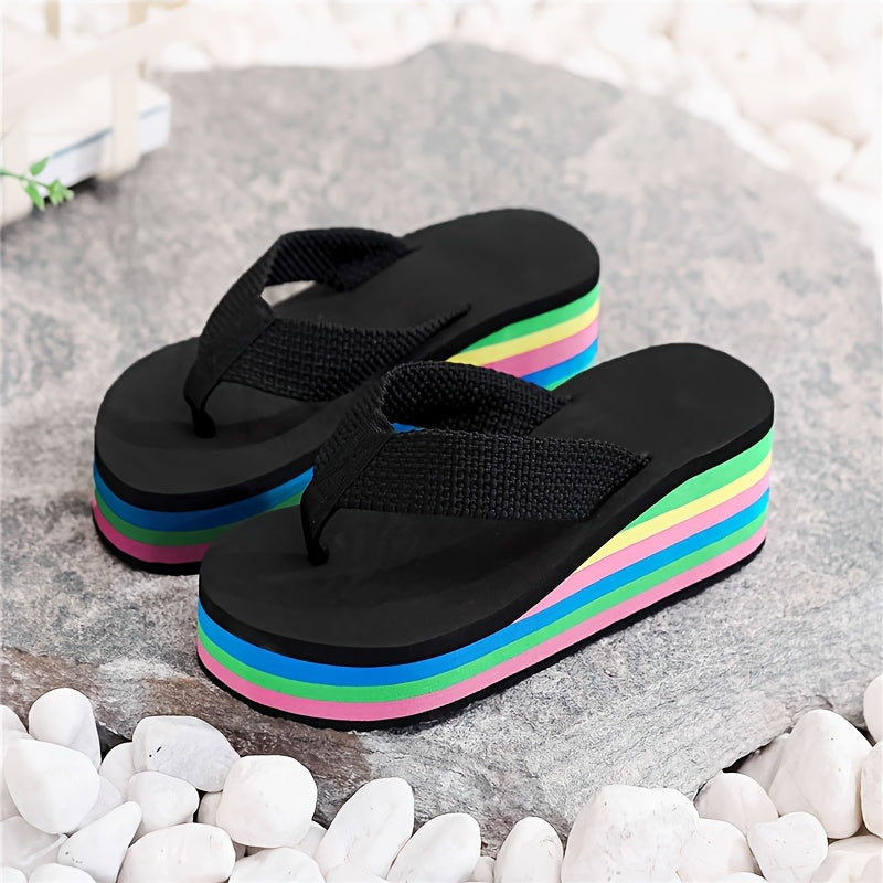 Women's Rainbow Sole Wedge Flip Flops, Slip On Platform Slide Shoes for Casual Lightweight Summer Beach wear.