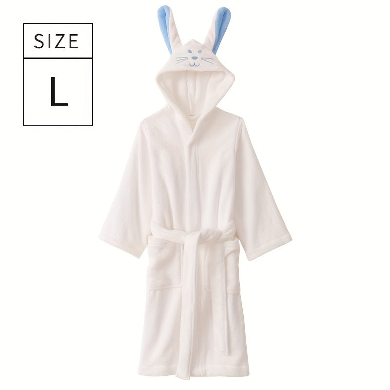 Children's bathrobe with cute rabbit face design, made of quick-drying absorbent cotton. Perfect for home or bathroom use.