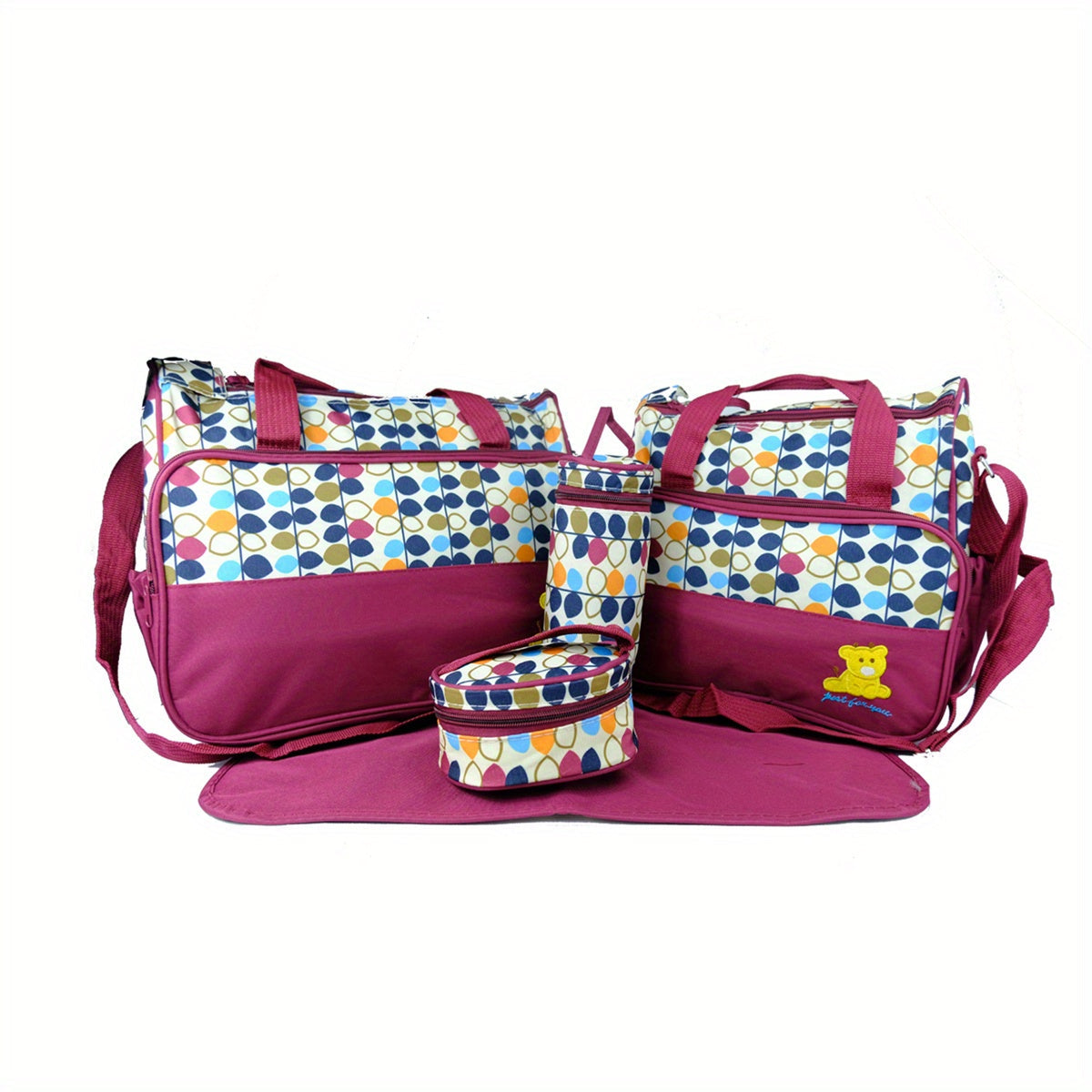 Set of five bags for moms, including a large-capacity one-shoulder hand-held bag, slant cross multi-functional bag, and printed bear diaper bag.