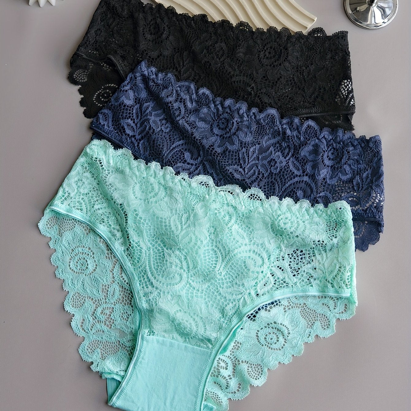 3 solid lace briefs, comfortable and breathable, perfect for women's lingerie and underwear.