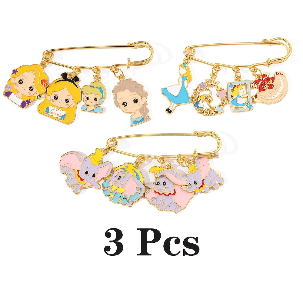 Set of 3 Adorable Cartoon Princess and Dumbo Enamel Brooch Pins, Made from Zinc Alloy Metal, Perfect for Adding a Splash of Fun to Clothes and Backpacks, Great for Daily Wear or Special Occasions Year-Round