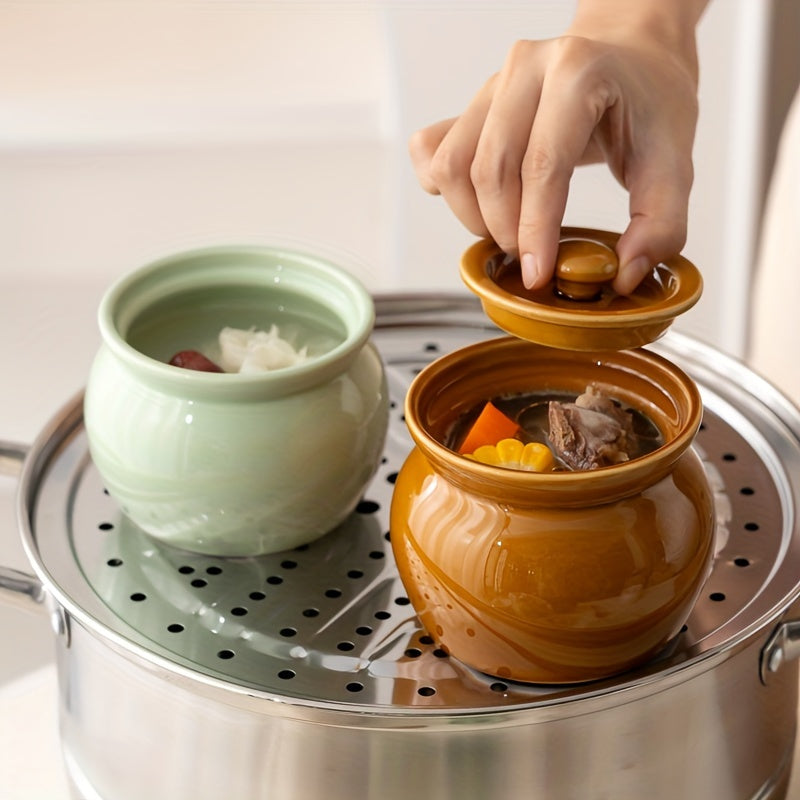 Single serving ceramic stew pot with lid in multiple colors. Leak-proof and food-safe, perfect for soups, steaming eggs, and cooking vegetables. Can also be used for bird's nest dishes and healthy cooking. Comes with the option of a wooden spoon. Great