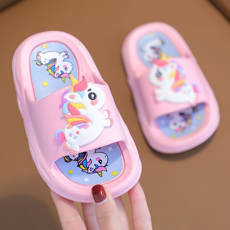 Girls' non-slip unicorn slippers for indoor use year-round.