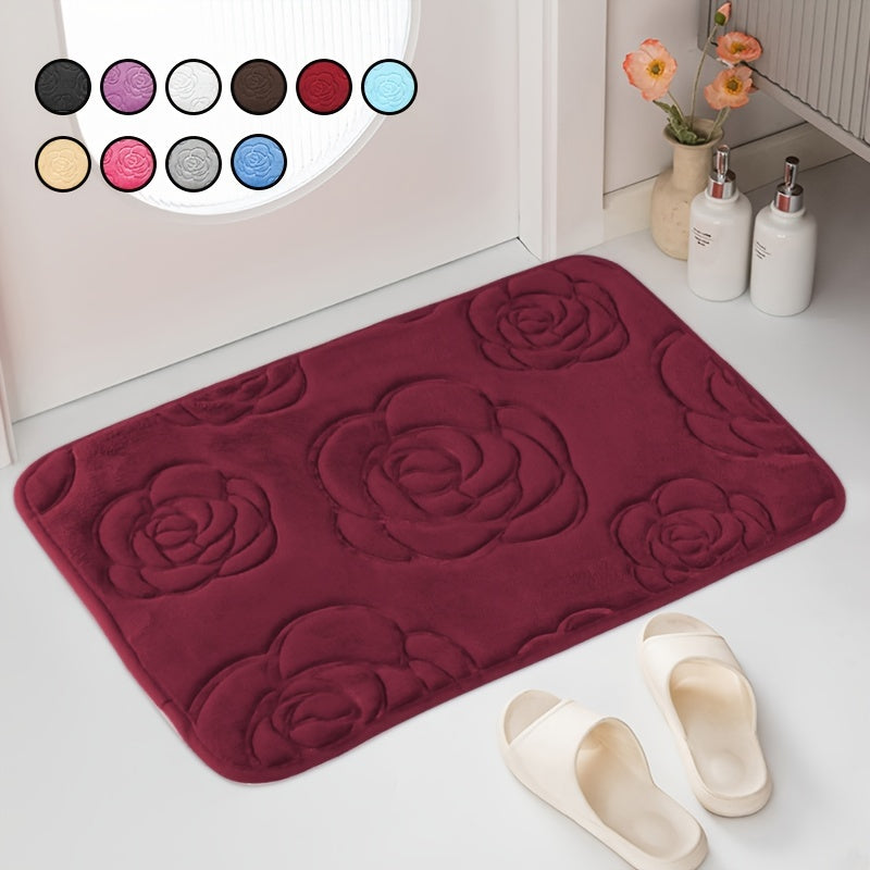 Plush, anti-slip bathroom mat with rose pattern in blue and white floral design. Absorbent and soft, perfect for bathroom or bedroom use.