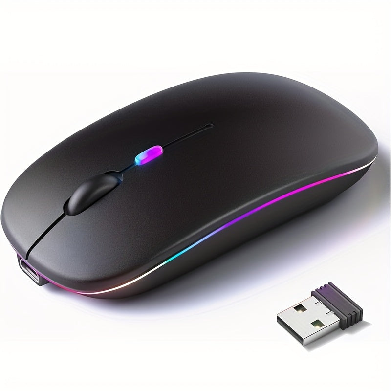 Rechargeable wireless LED mouse for laptops and desktops. Dual-mode wireless or USB connection, silent and portable design. Ambidextrous optical mouse. Compatible with Windows 10.