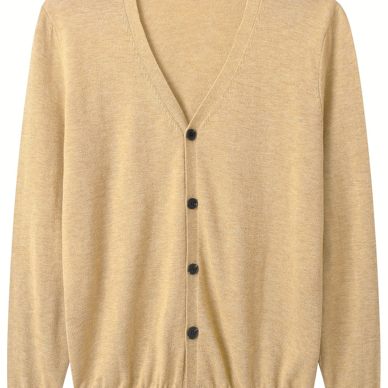 Plus size men's mustard yellow V-neck cardigan sweater with lightweight button-up knit, ribbed detail, long sleeves for fall comfort.