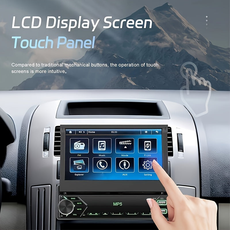 PODOFO 7-Inch HD Touchscreen Car Stereo with retractable display, Mirror Link, USB & AUX inputs, FM radio, and colorful backlight.