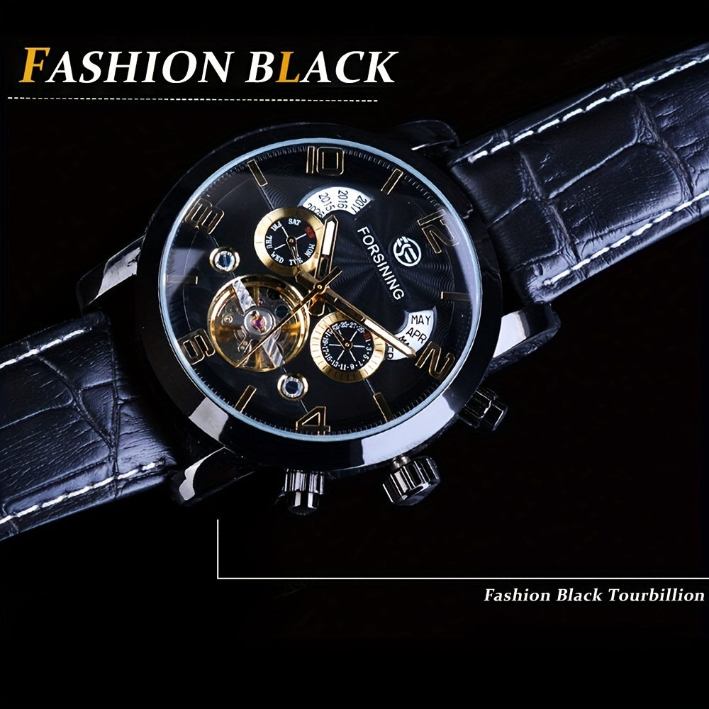 Exquisite Tourbillon Fashion Men's Automatic Mechanical Watch with Stunning Wave Design in Black and Gold, Featuring Multifunction Dial Display on Wristwatch