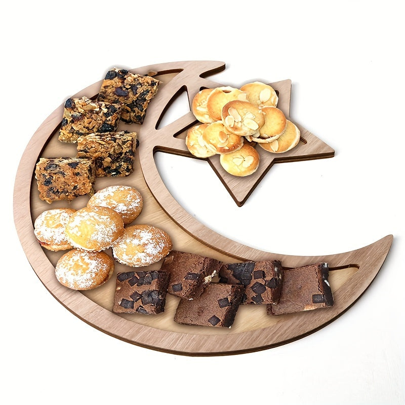 Eid Mubarak wooden dessert tray with moon and star design, ideal for Ramadan decor and Islamic celebrations, no batteries needed.