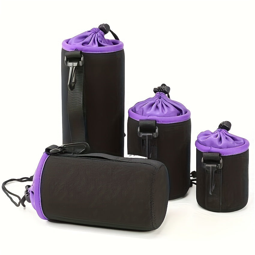 Set of waterproof camera lens bags, including a large SLR lens tube with a suede storage pocket. Made with durable synthetic fabric, this portable lens case comes with a carrying strap for easy transportation of photography accessories.