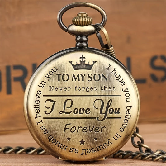 Classic Bronze Pocket Watch for Men featuring Engraved 'I Love You' Message, Circular Dial, Quartz Movement, Not Water-resistant, Durable Alloy Casing, Electronic Drive - Perfect Gift for a Beloved Son