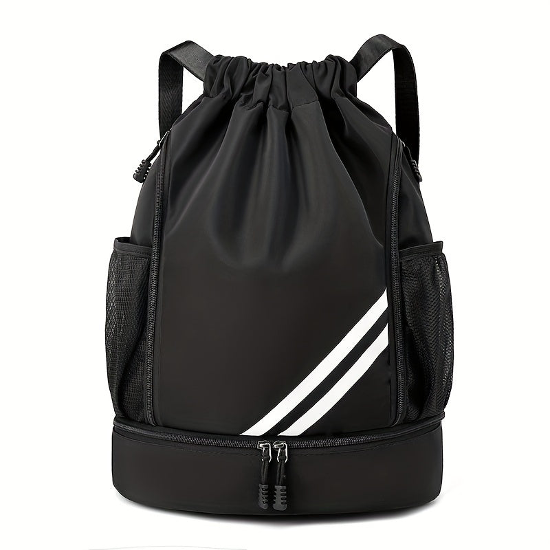 Polyester drawstring gym bag with practical pockets, perfect for basketball, outdoor activities, travel, swimming, hiking, and climbing.