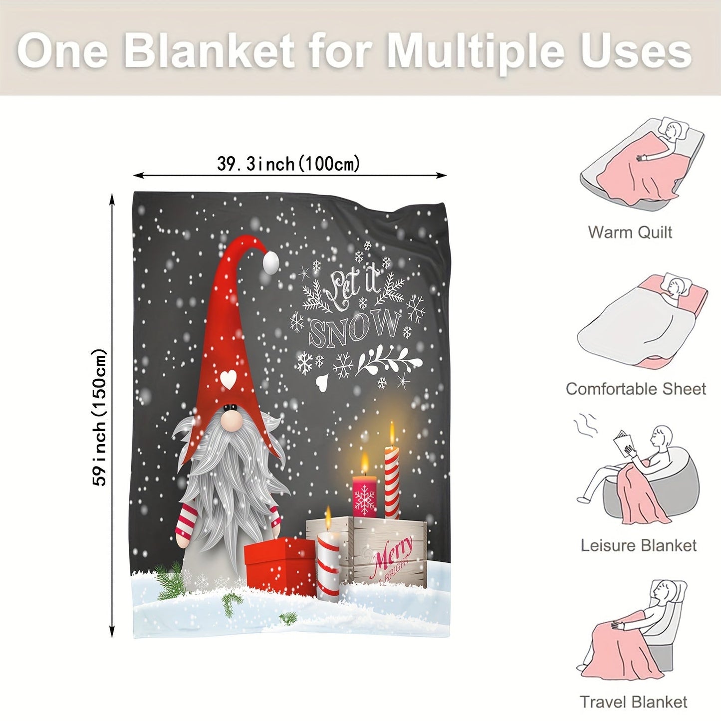 This cozy Christmas gnome print flannel blanket features a contemporary design and digital print. It is made of a lightweight knit fabric that is suitable for all seasons. Perfect for gifting, party decor, and home use. Please note that it is recommended