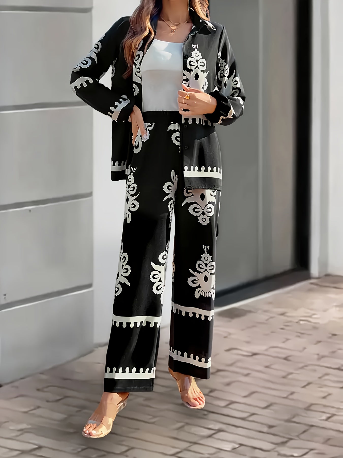 Women's Tribal Print Two-Piece Set, Long Sleeve Top and Pants, 100% Polyester, Lapel Collar, Spring/Summer 2071