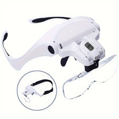 Adjustable headband magnifier with LED light includes 5 lenses with 1.0X to 3.5X zoom. Perfect for jewelry, crafts, watch repair, hobbies, and everyday office use (batteries not included).