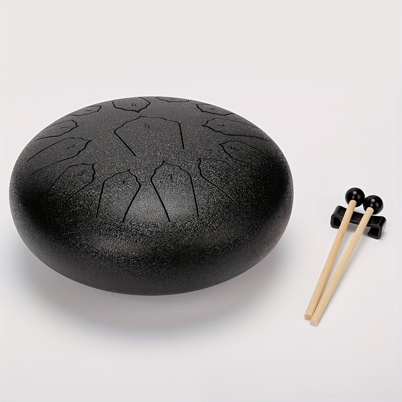 12" 13-tone steel tongue drum with travel case, accessories for relaxation and meditation, suitable for outdoor use.