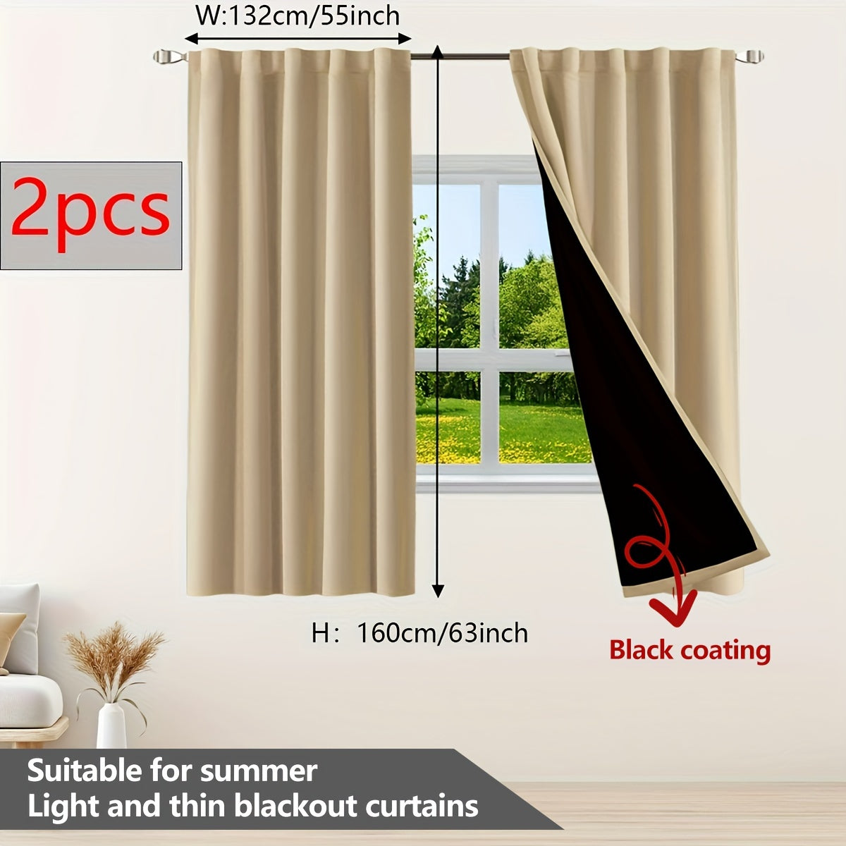 Two pieces of contemporary blackout curtains made from thermal insulated twill weave polyester. They are designed to reduce noise and block out light, making them perfect for the living room, bedroom, or study. These curtains feature a hook and ring rod