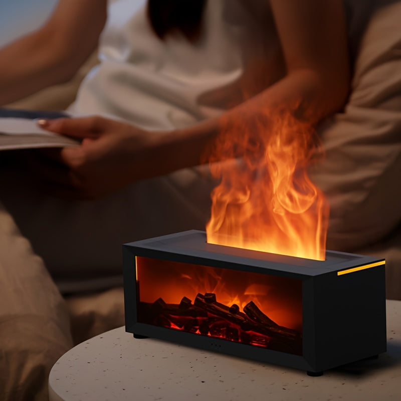 Silent, flame-inspired humidifier with remote control, USB powered, generates large mist output - ideal for small spaces.