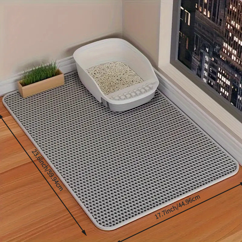 Double-layer cat litter mat with anti-scattering design, raised edges, and hexagonal grip surface. Easy to clean and fits all litter boxes.