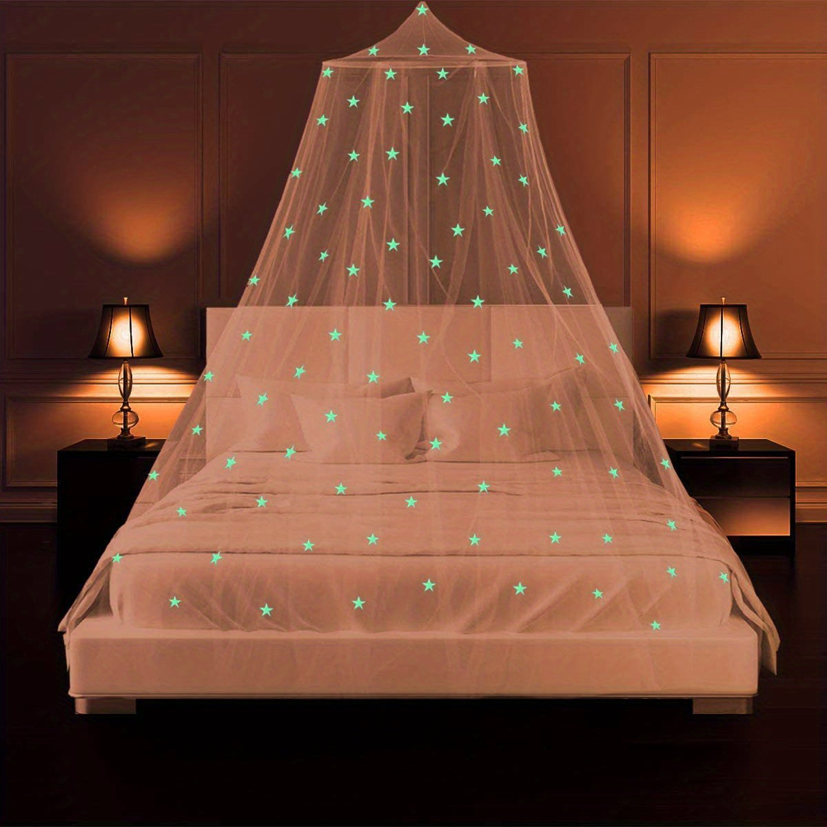 Princess-themed king size mosquito net canopy with star pattern, suitable for all ages. Perfect for cribs and adult beds, also available in twin size. Hand wash only.