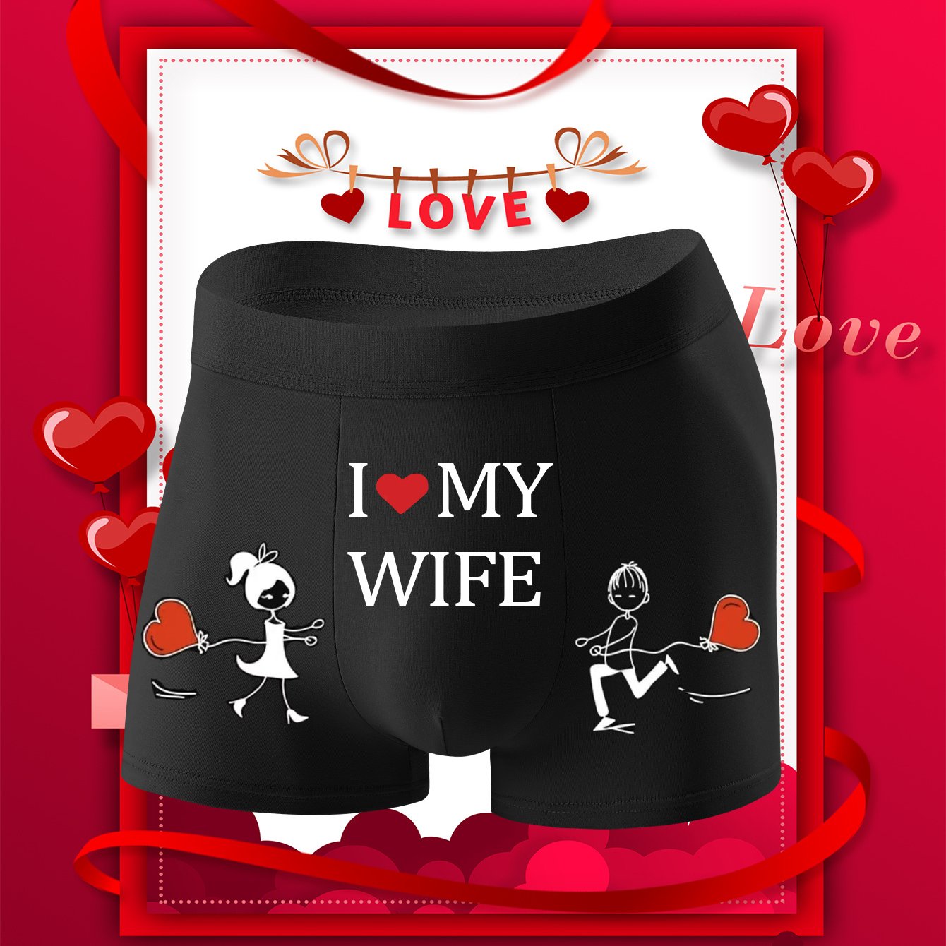 Men's 'I Love My Wife' Printed Boxer Briefs in soft, stretchy polyester knit fabric. Perfect for everyday comfort and as a romantic Valentine's Day gift. Features playful print design and