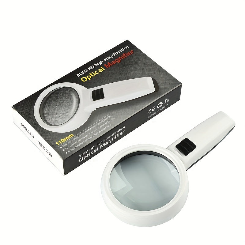 Handheld magnifying glass with 30X and 45X lenses, LED light, and mini pocket size for jewelry and reading magnification.