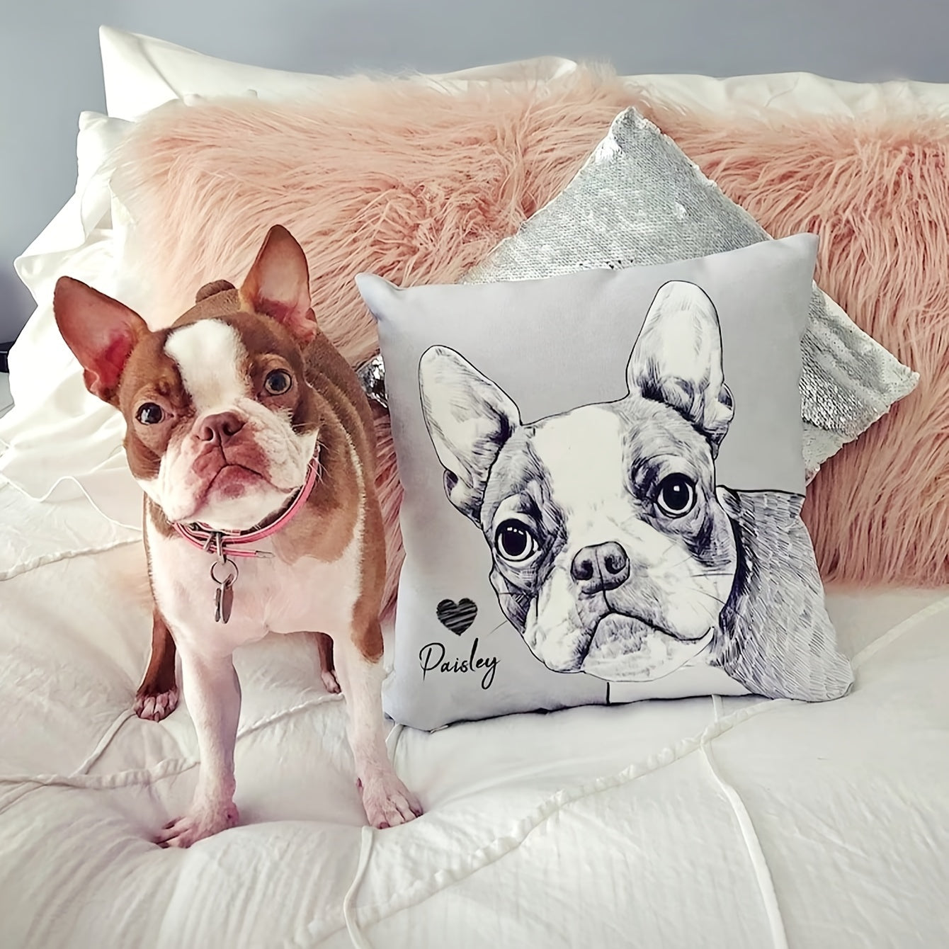 Customize your home decor with this cozy plush throw pillow cover, featuring a unique design personalized with your pet's photo. This cushion case makes a thoughtful gift for any occasion, from anniversaries to Christmas. Made with a soft knitted