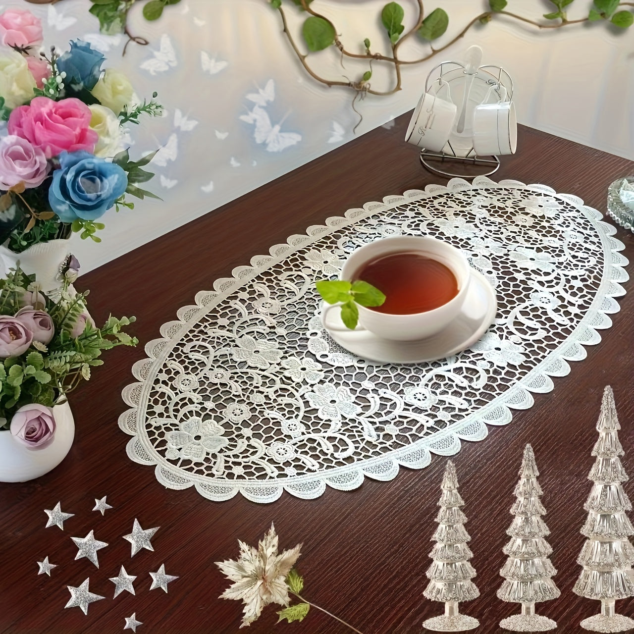 Polyester placemats with white lace embroidery, Nordic-style table decoration mat for coffee table, household bowl or plate decor, enhancing home decoration.