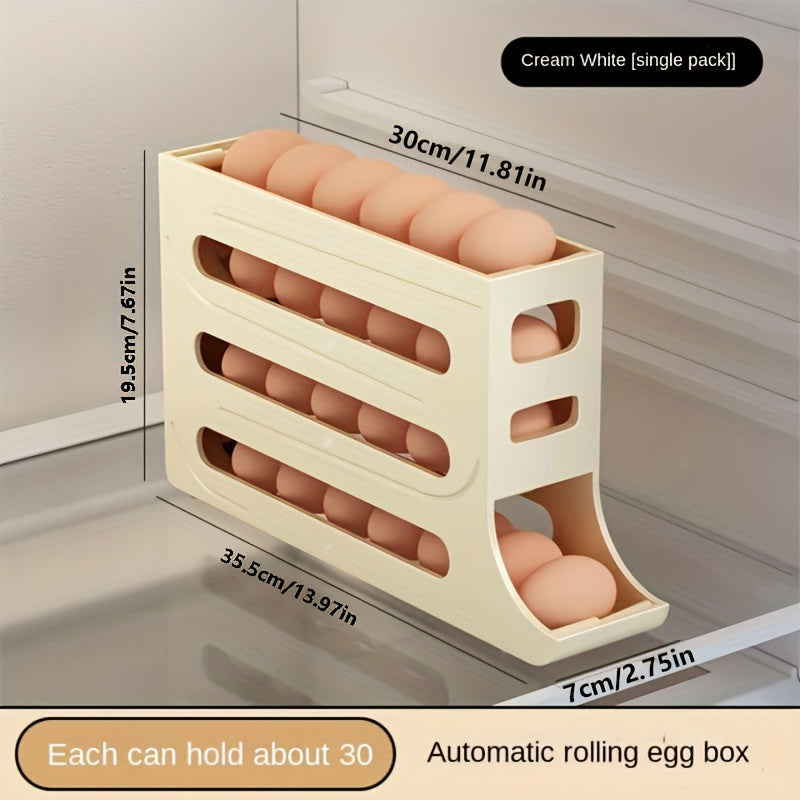 Refrigerator egg storage box with automatic rolling rack and large capacity for eggs, made of ABS material.