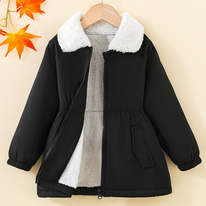 Elegant girls' coat with fleece lining, waist cinching. Machine washable polyester, perfect for fall/winter. Stylish and loose-fit for autumn/winter.