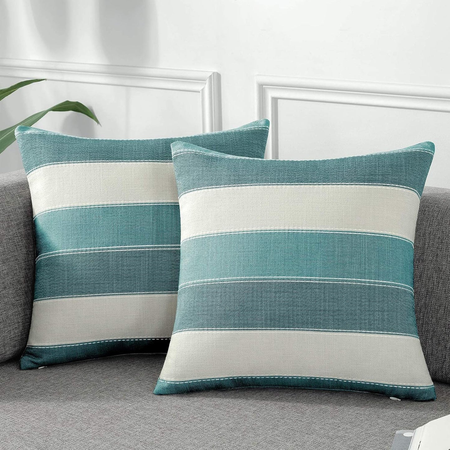 Set of 2 Teal Farmhouse Striped Linen Pillowcases - Stylish Sofa Cushion Covers with Zipper Closure, Easy to Clean Machine Washable