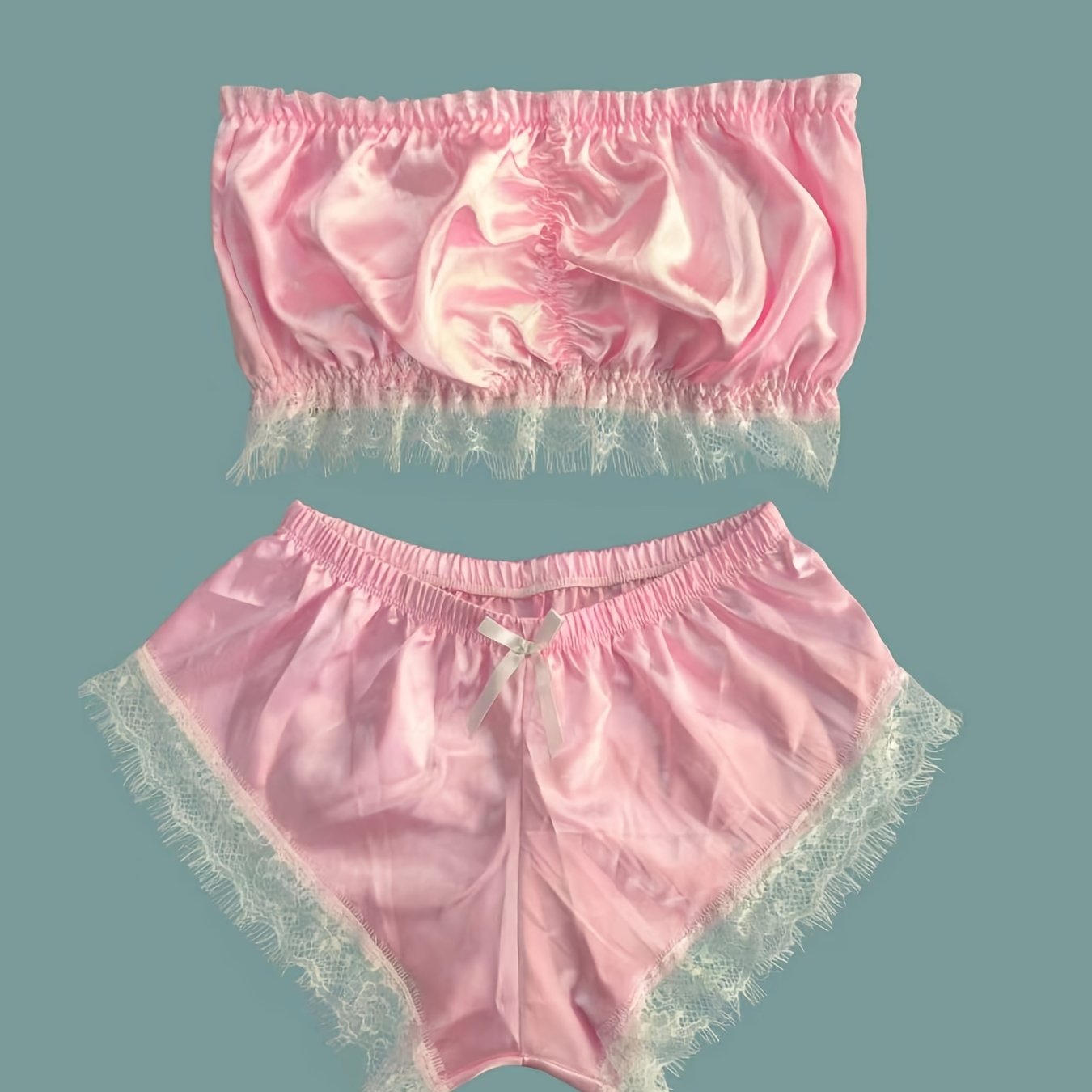 Women's sleepwear with lace trim pajama set and satin tube tops with shorts.