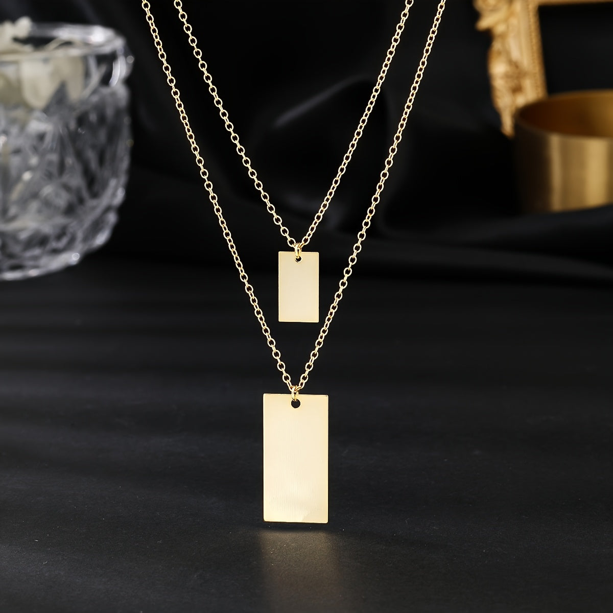 Stylish Double-Layer Chain Necklace with Smooth Rectangular Pendant, Gothic/Hip-Hop Style, 18K Gold-Plated Copper, Suitable for Daily Wear and Music Festivals, Long Pendant, Fashionable Accessory