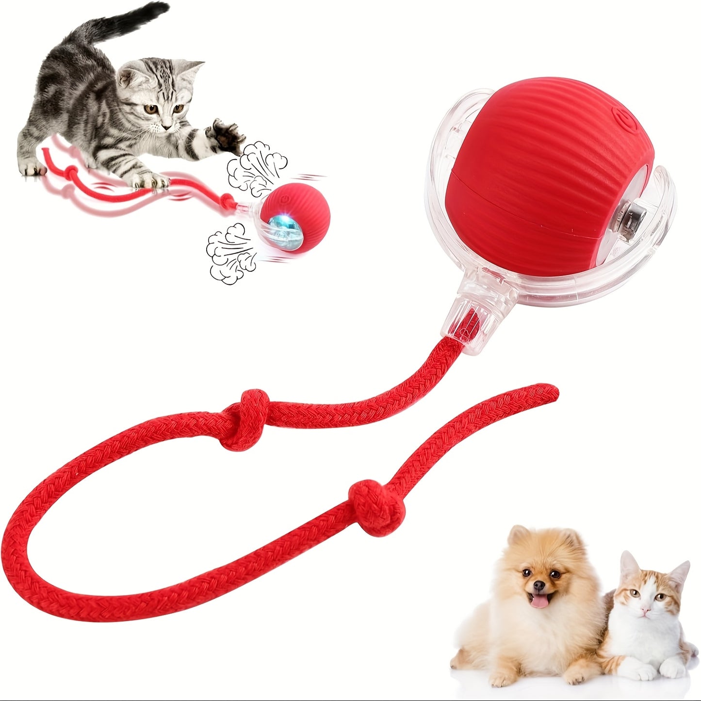 360° Smart Rolling Pet Ball Toy for Cats and Dogs - Interactive Indoor Play, USB Rechargeable, Red Silicone Ball with Rope Handle, Cloud Pattern Design, Fast Carpet Rolling, All Breed Sizes