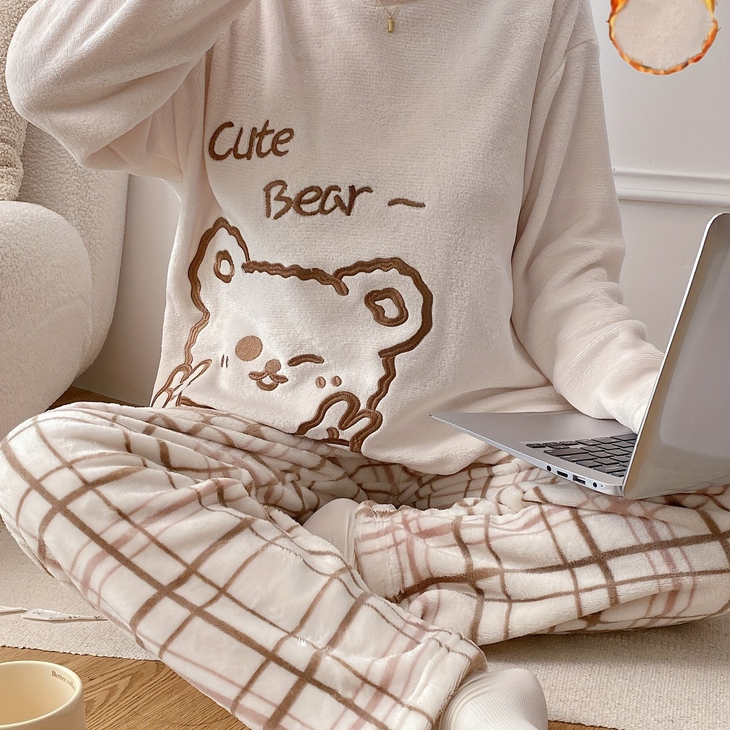 Women's cozy fleece pajama set with cute cartoons & letters, includes long sleeve top, plaid pants, perfect for fall & winter