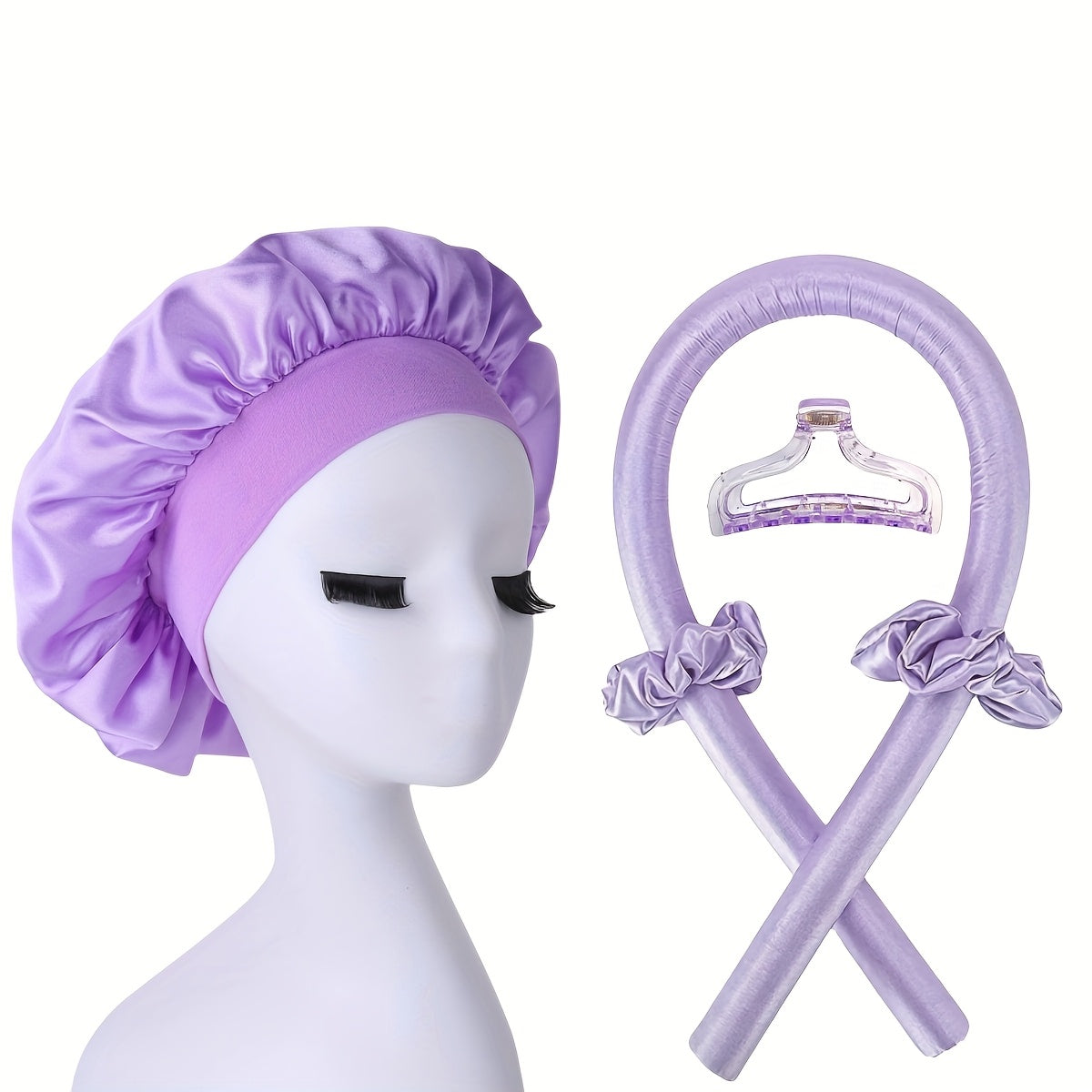 Women's 5-piece set includes no-heat curling iron, satin sleep cap, hair bands, claw clips, and rings for all hair types.