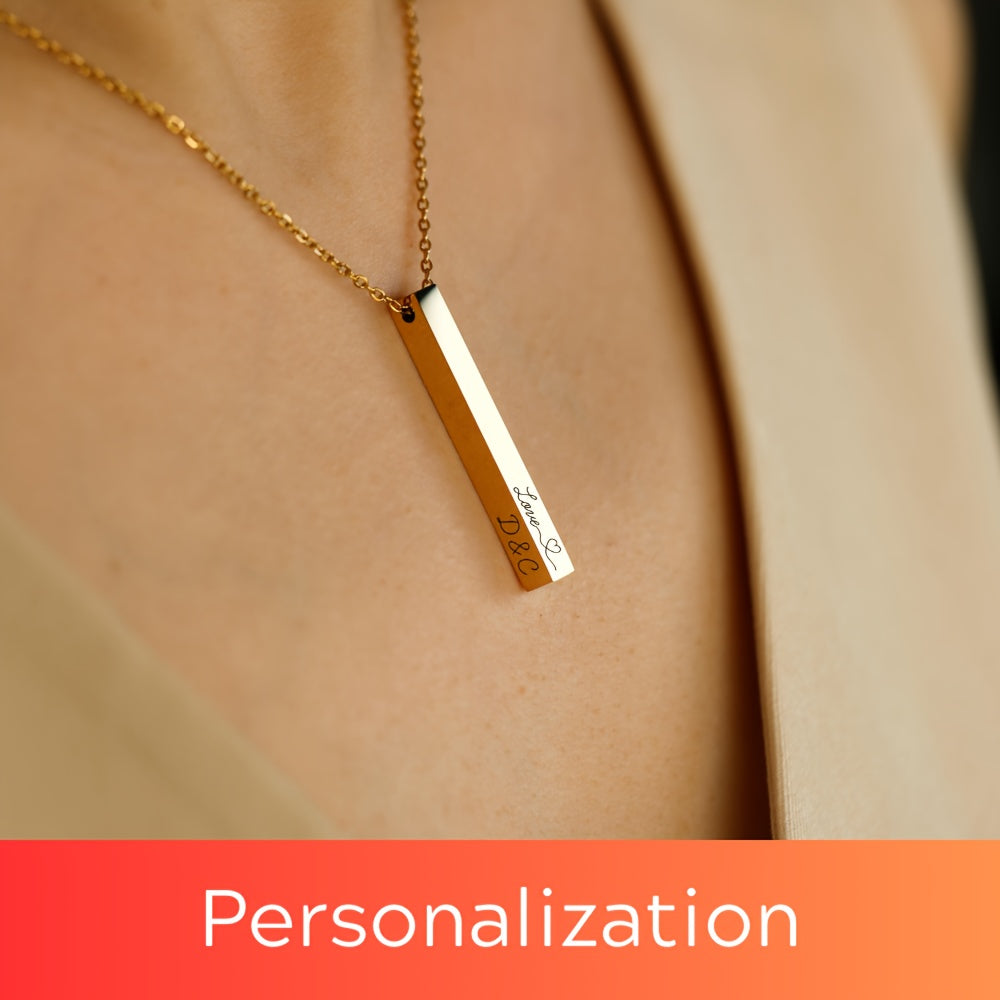 Elegant Custom Engraved Vertical Bar Necklace for Women - Personalized with Name and Date - Available in Gold, Silver, and Rose Gold - Stylish Alloy Jewelry for Everyday Wear or Gifting - 3D Design with Coordinates