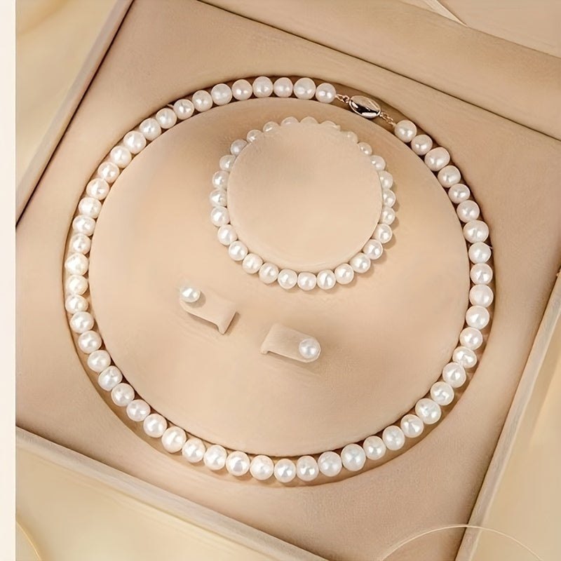 Stylish Trio, Sophisticated Freshwater Pearl Jewelry Set for Women - Complete with Beautiful Necklace, Bracelet & Stud Earrings - Opulent, Timeless Accessories