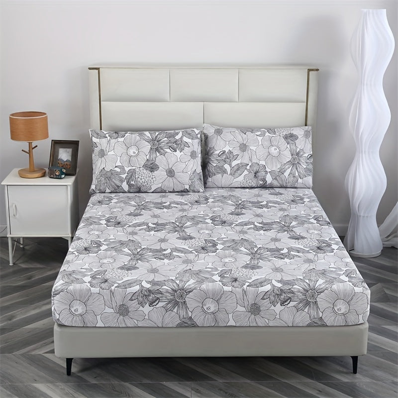 3-piece polyester fitted sheet set has a brushed skin-friendly finish, featuring plant flower design for home or hotel use.