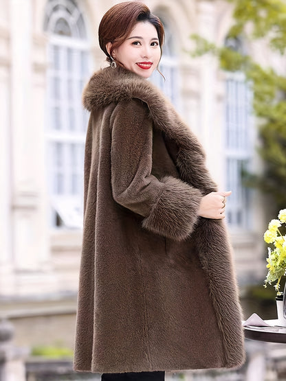 Plus Size Solid Faux Fur Coat, Elegant Outwear for Winter & Women's Plus Size Clothing