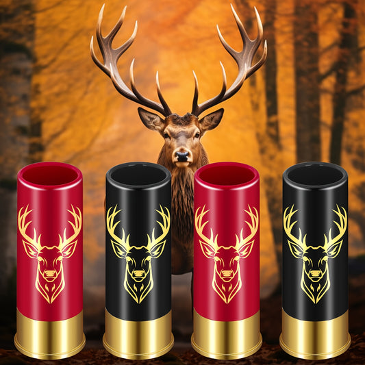 Set of 4 reusable plastic shot glasses with deer and skull designs and 12GA bullet shaped cups. Made of recyclable material, ideal for parties and gifting.