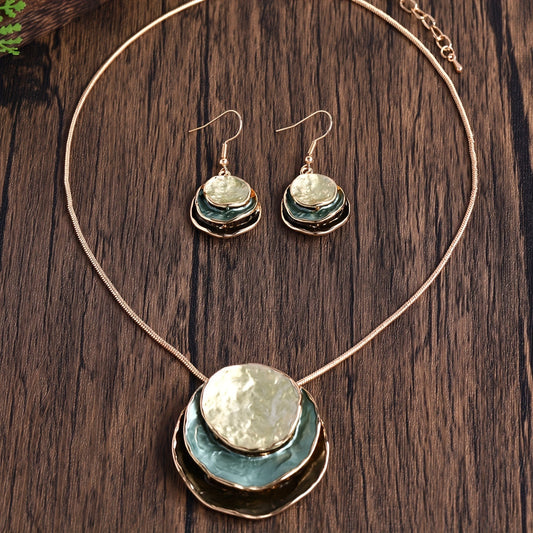 Chic and stylish Bohemian enamel jewelry set featuring a three-layer circular design made of zinc alloy. This adorable set makes a perfect gift for the special ladies in your life, ideal for holiday parties or as a girlfriend gift. Includes a necklace