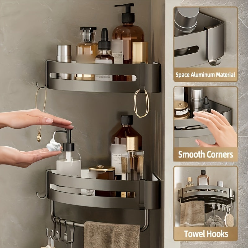 Wall-mounted bathroom storage rack for shampoo, shower gel, and cosmetics; made of space aluminum with no need for drilling.