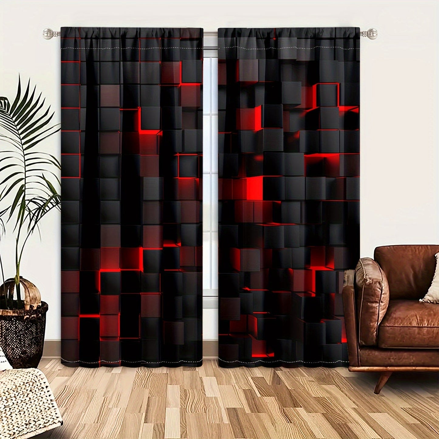 Set of 2: Abstract Red & Black Gradient Curtains - Modern Geometric Design, Semi-Transparent Drapes for Privacy in Living Room and Bedroom Decor